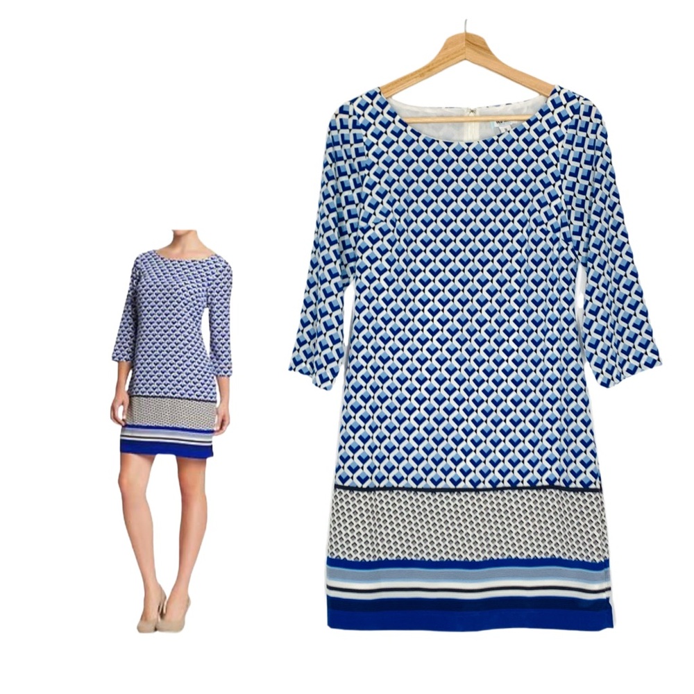Old Navy Blue and White Geometric Print Shift Dress 3/4 Sleeves Size XS